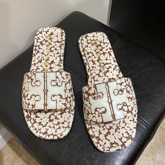 Tory Burch Shoes - TORY BURCH Double T Logo Floral Print Sport Leather Slide Flat Sandal Size 8